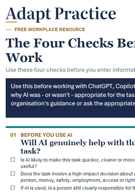 First page of The Four Checks Before You Trust AI at Work, showing four numbered sets of questions.